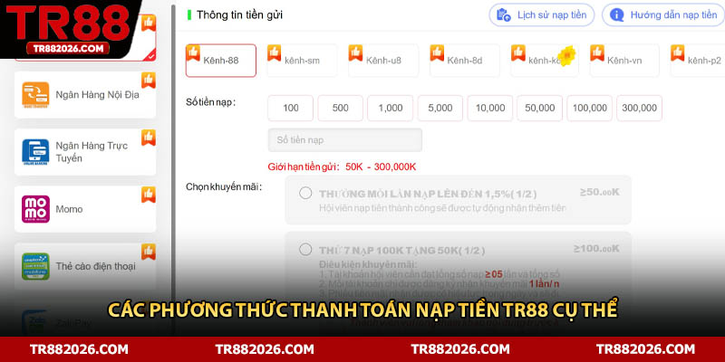 Các phương thức thanh toán nạp tiền TR88 cụ thể